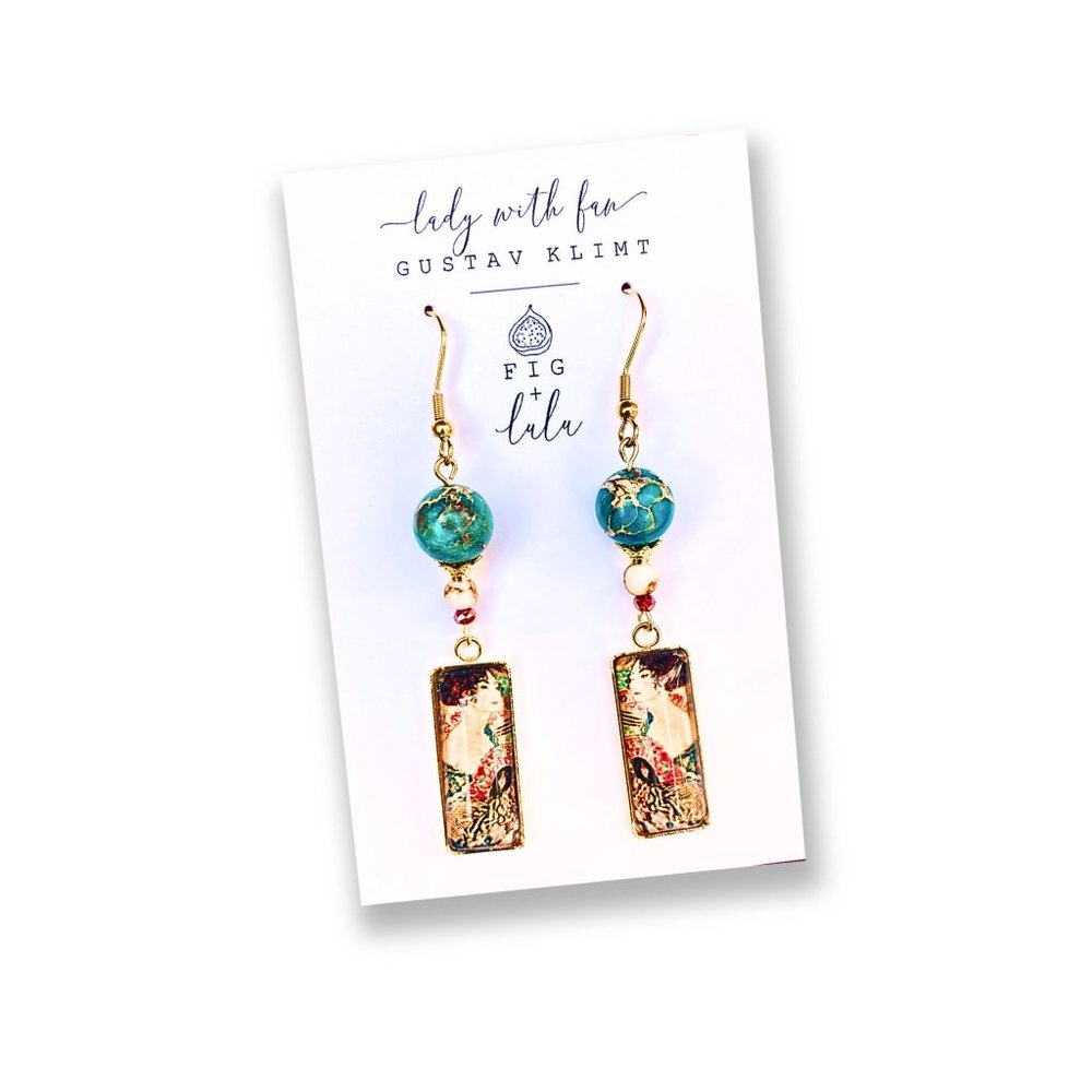 Lady with Fan Gustav Klimt Earrings Teal Stone Original Artisan Handmade Jewelry - Picture 6 of 7